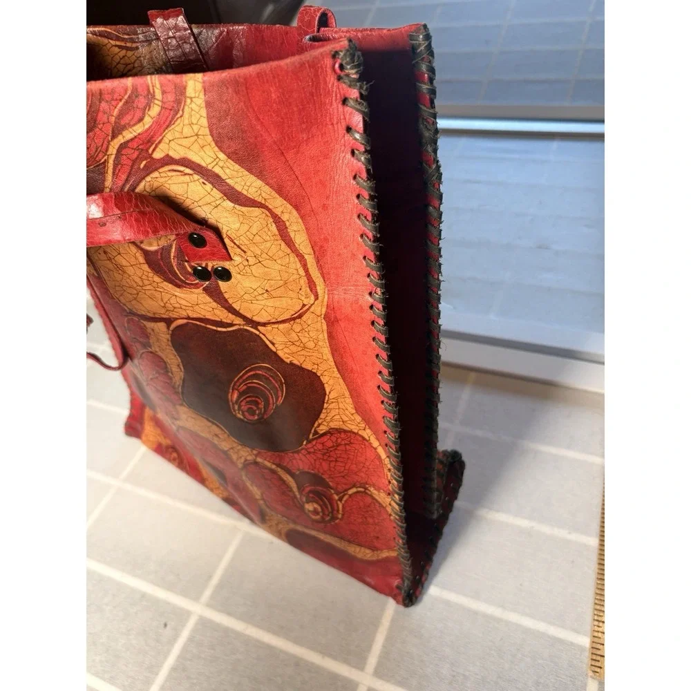 ⁠Vintage 70s Hand Tooled Floral Leather Tote Bag Red Whipstitch Boho Shoulder⁠